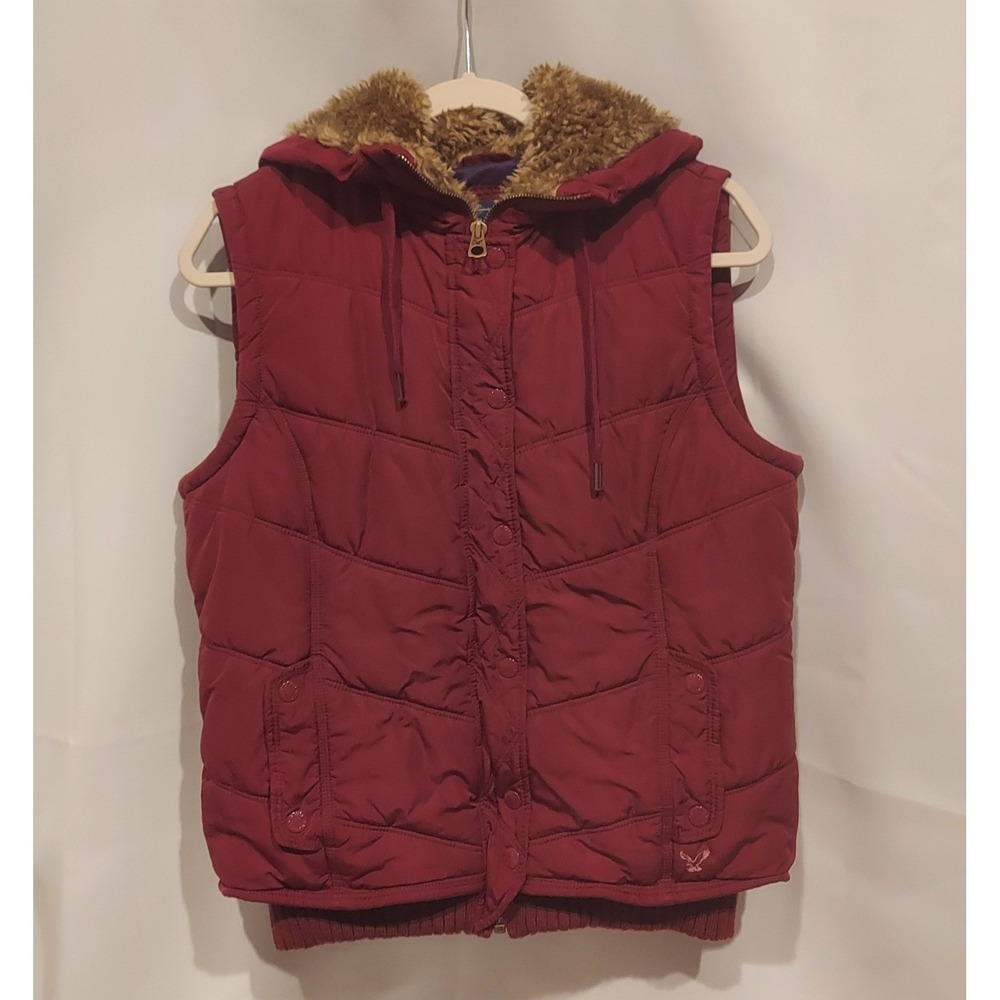 American Eagle‎ Outfitters Maroon Full-Zip & Snap Hooded Quilted Vest Size Large